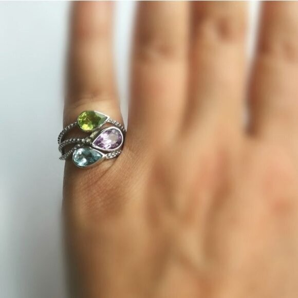 Sterling silver 3 gemstone ring Peridot, Amethyst, Topaz 🆕 - Picture 6 of 9